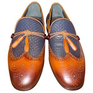 Vinci Men’s Two-Tone Leather Loafers Blue Tan Woven Wingtip Tassel Size 39/6-6.5